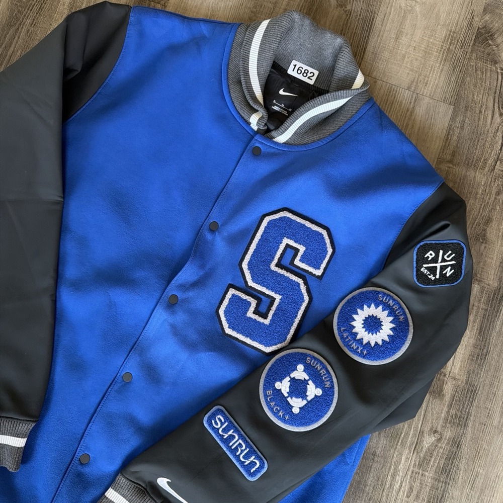 Nike Team Letterman Jacket Royal Blue/Gray Snap Button XL - Logo - Patches
